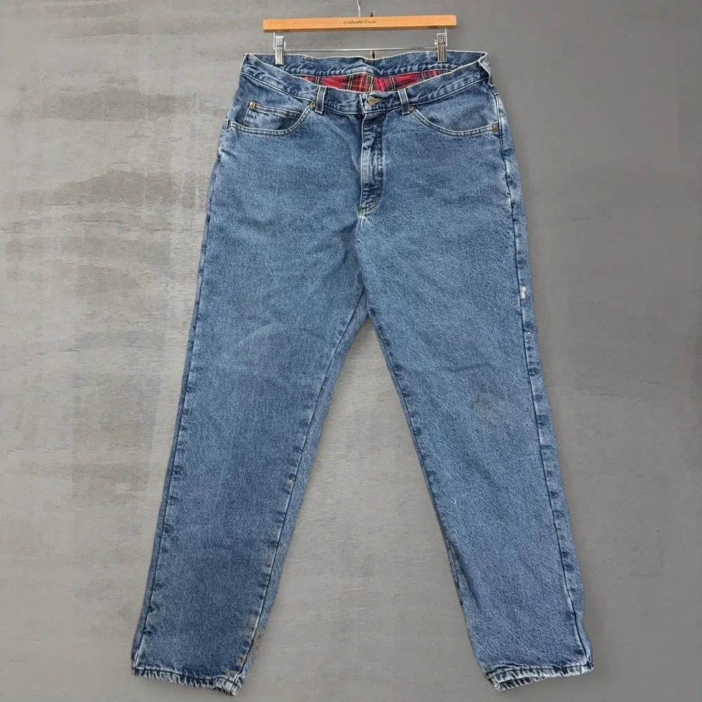 L.L.Bean Vintage Flannel Lined Jeans Blue‎ Plaid Straight Leg Denim 36 x 32